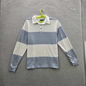 RSQ Men Polo L Blue Striped Rugby Shirt Button Long Sleeve‎ NWT